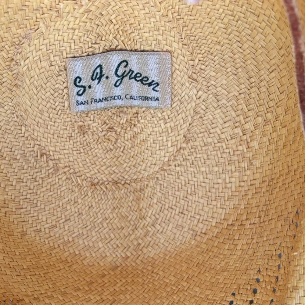 Open Crown Cowboy Hat Vintage SF Green Straw Natural Tan Woven Lightweight